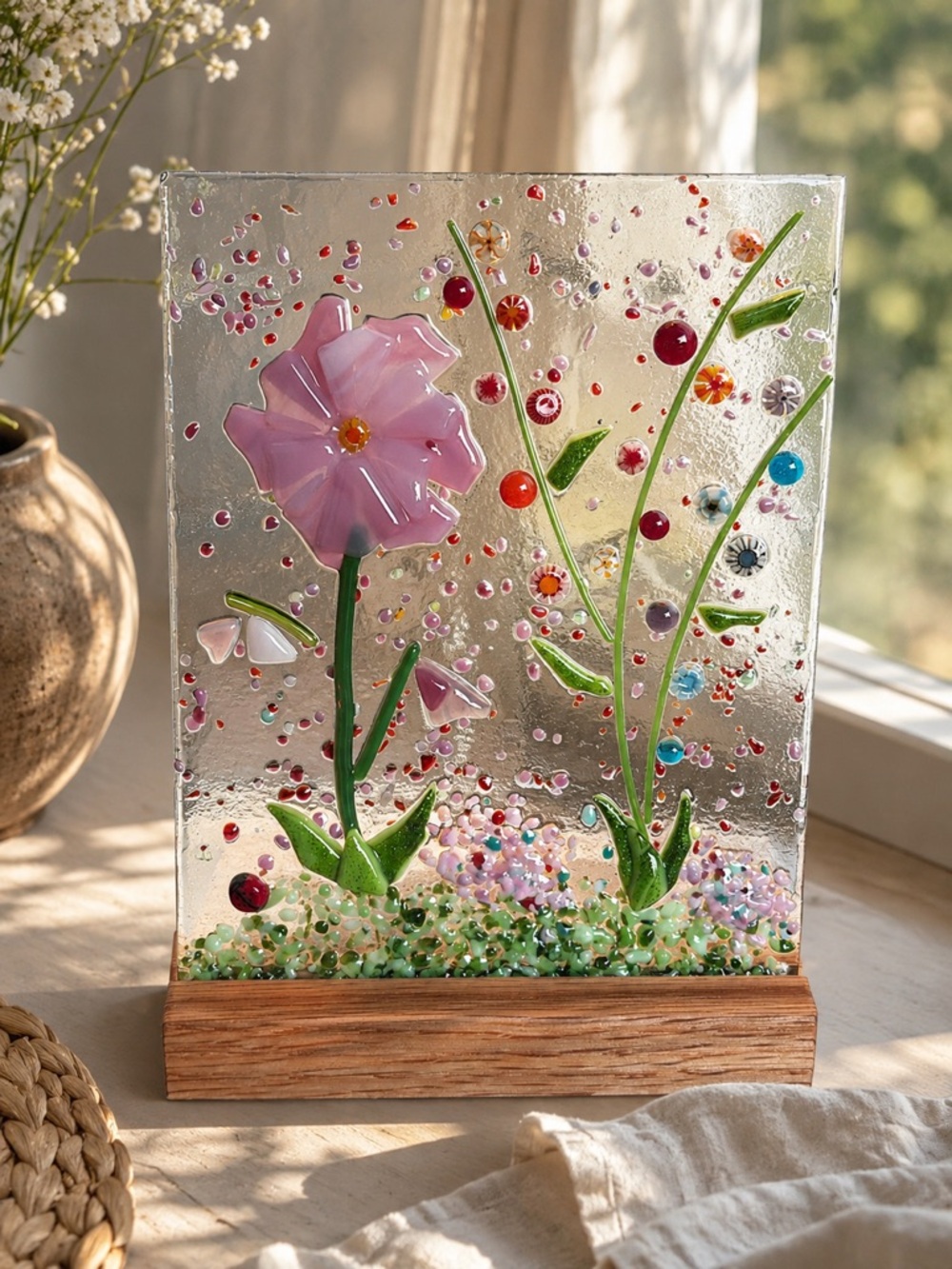 Artisan Fused Art Glass Floral Panel Pink Flower Garden Sculpture w/ Wood Stand - Picture 1 of 4